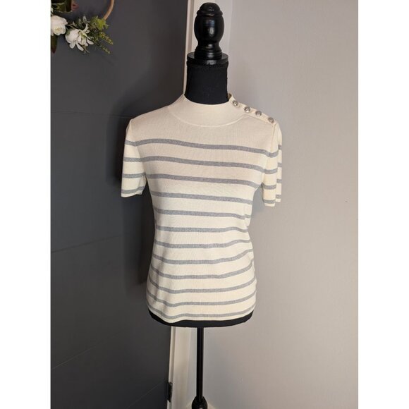 Talbots Sweaters - Talbots Petite Metallic Striped Short-Sleeve Sweater With Button Shoulder - SP